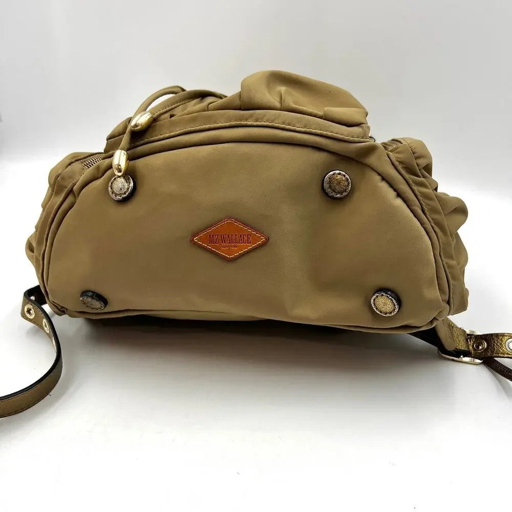 MZ Wallace Marlena Bedford Nylon Drawstring Backpack Tan Metallic Leather Trim